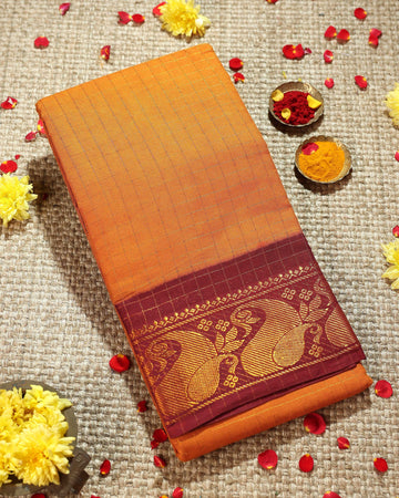 Classic Sungudi Cotton Saree with Zari Border and Checked Design - Mustard