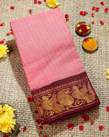 Classic Sungudi Cotton Saree with Zari Border and Checked Design - Pink