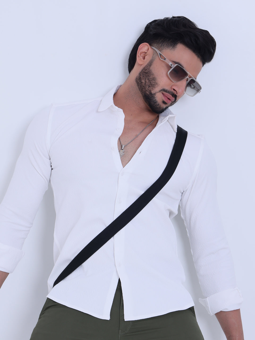 Nativebull Men's Slim Fit Solid Spread Collar Casual Shirt with Long Sleeves - White