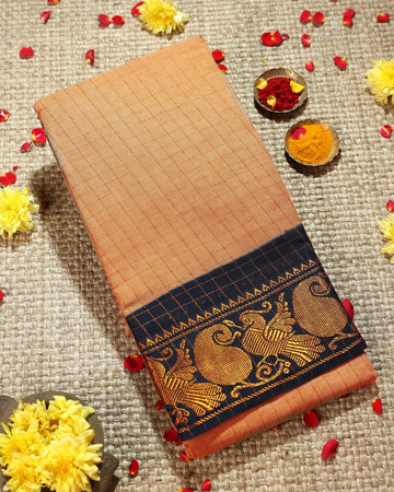 Classic Sungudi Cotton Saree with Zari Border and Checked Design - Sandal