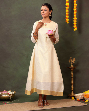 Women's Handloom Cotton Flared Kurta with Round Neck and Kasavu Border - Sandal