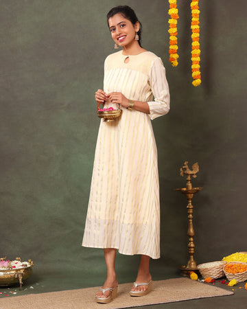 Graceful Handwoven Cotton Kurta with Keyhole Neckline and Subtle Woven Stripes - Sandal