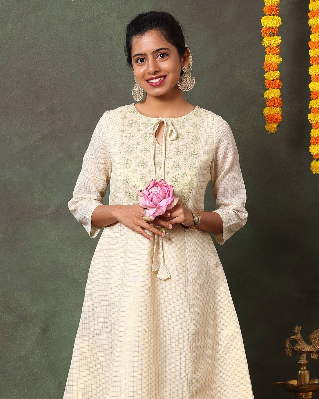 Elegant Handwoven Cotton Kurta with Embroidered Yoke and Contrast Zari Border - Sandal