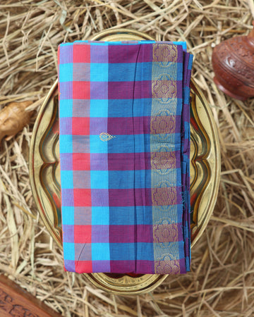 Handloom Cotton Saree with Checked Weave and Zari Border - Multi