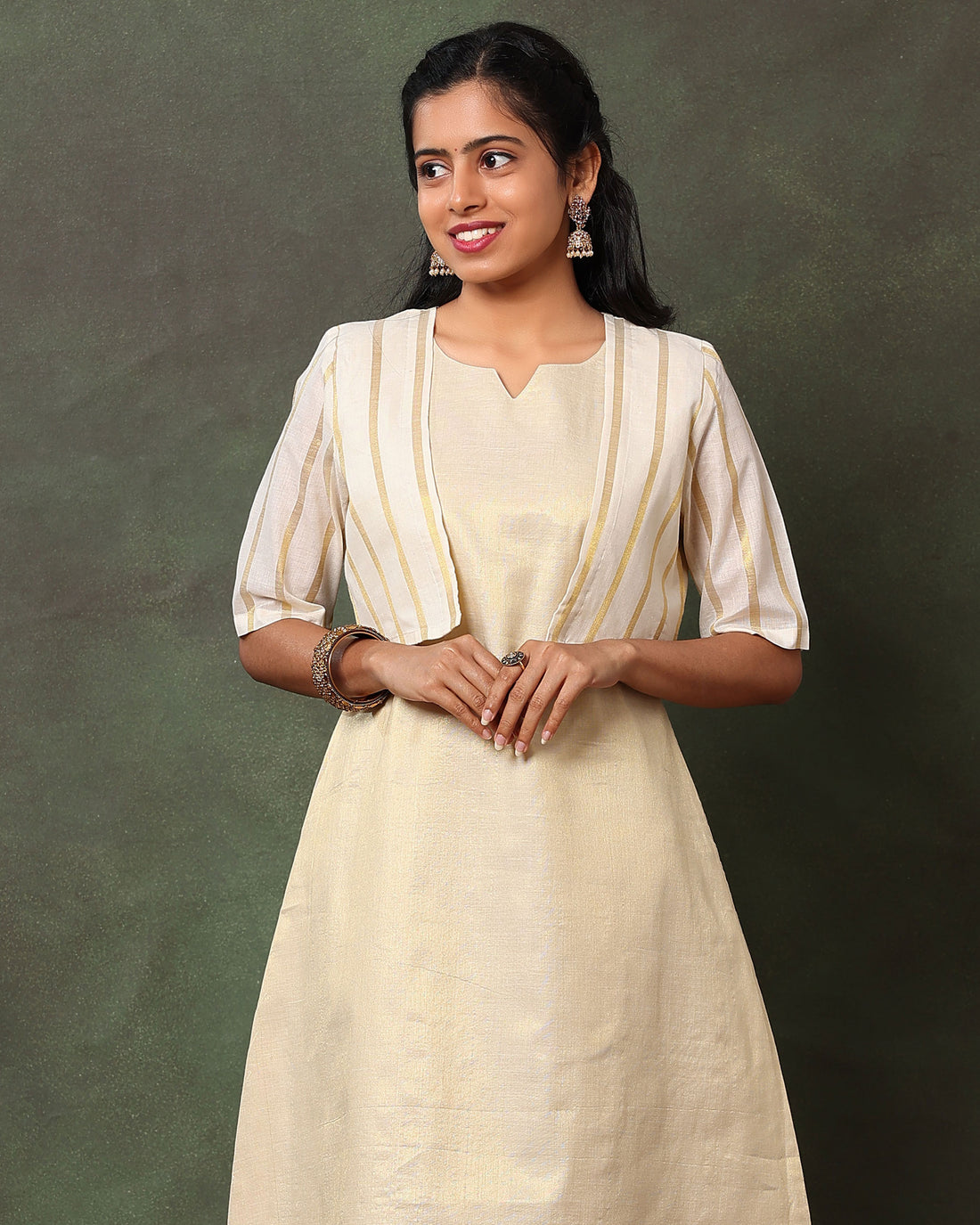 Elegant A-Line Dress with Striped Open Jacket With V-Neck Ethnic - Cream