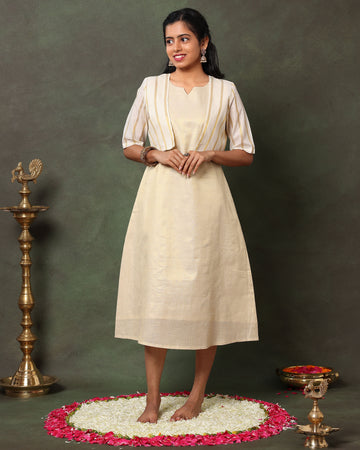 Elegant A-Line Dress with Striped Open Jacket With V-Neck Ethnic - Cream