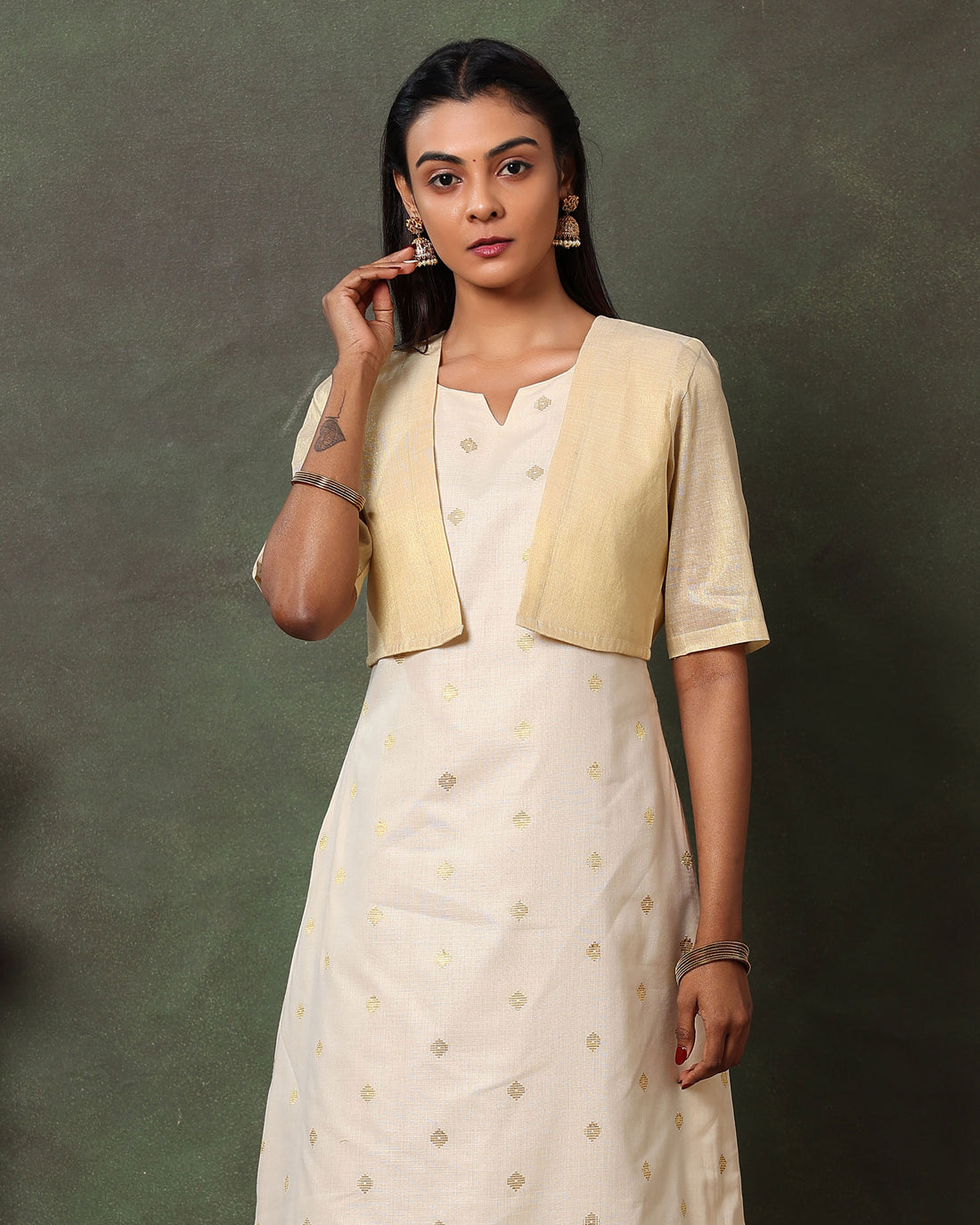 Women's Embroidered Linen Blend A-line Dress with Short Jacket - Sandal