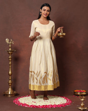 Women's Ethnic Pleated A-Line Kurta with Gold Feather Motif Border and Zari - Sandal