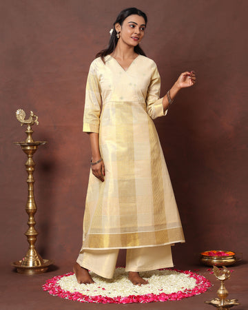 Women's Woven Design A-Line Kurta with 3/4th Sleeves and Palazzo Set - Sandal