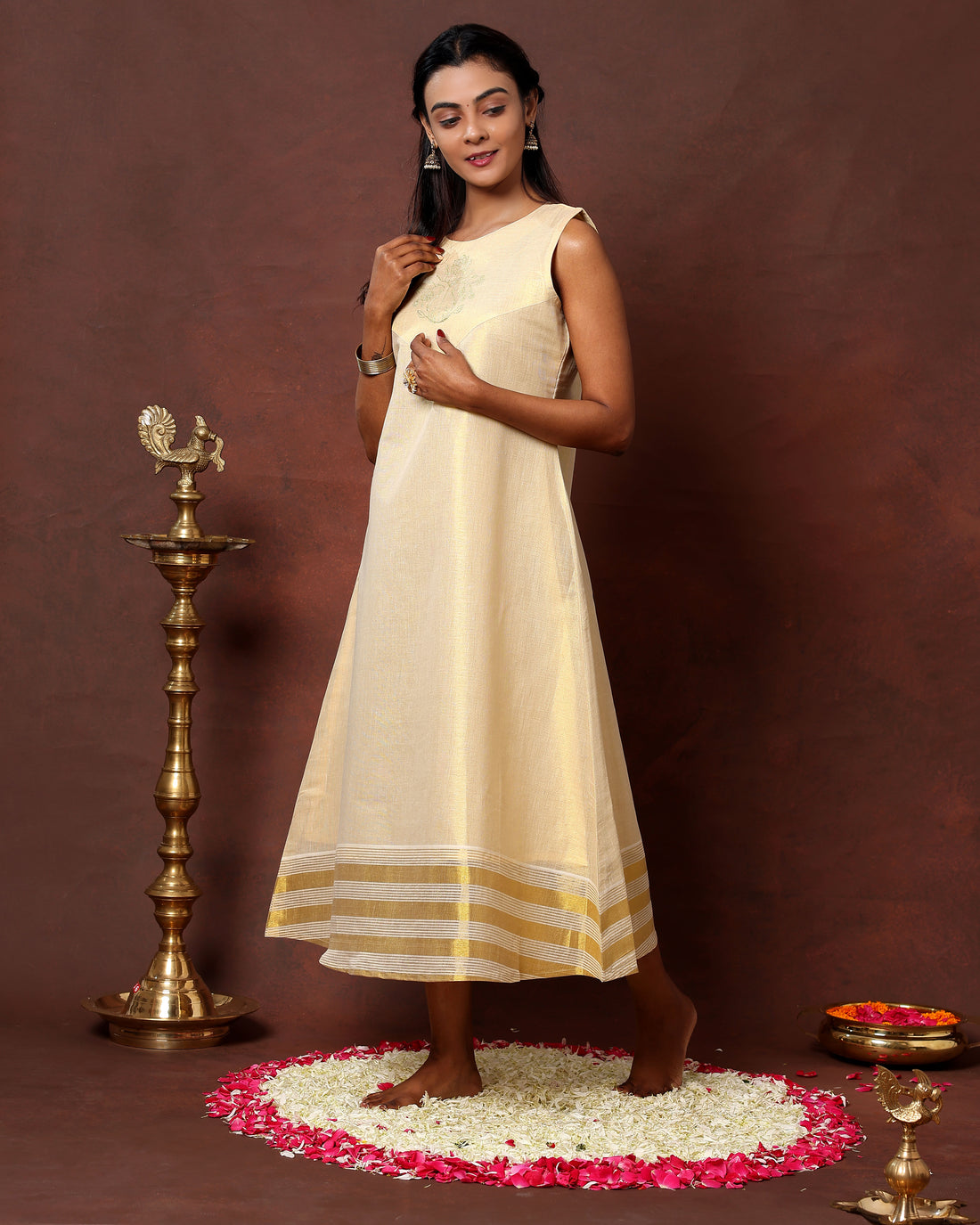 Elegant Sleeveless A-Line Kurta with Golden Border and Embroidered Yoke - Off-White