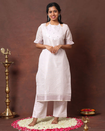 Stylish Handwoven Cotton Kurta with Cut-Out Neckline and Subtle Embroidery - White