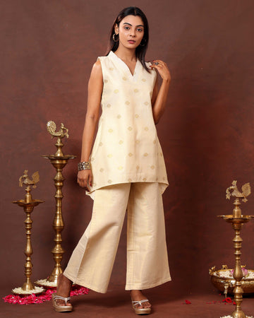 Sleeveless Womens Hem Kurta Set with Gold Buti Embroidery and Palazzo Pants - Sandal