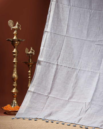Handwoven Linen Cotton Saree with Subtle Sheen and Tassel Border - Grey