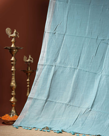 Handwoven Linen Cotton Saree with Subtle Sheen and Tassel Border - Light Blue