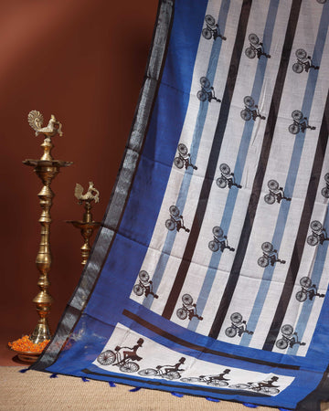 Linen Cotton Saree with Contemporary Bicycle Motif and Vertical Striped Design - White