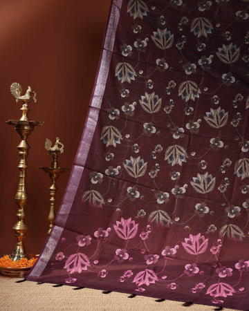 Linen Cotton Saree with Intricate Floral Woven Motifs and Contrast Border - Purple