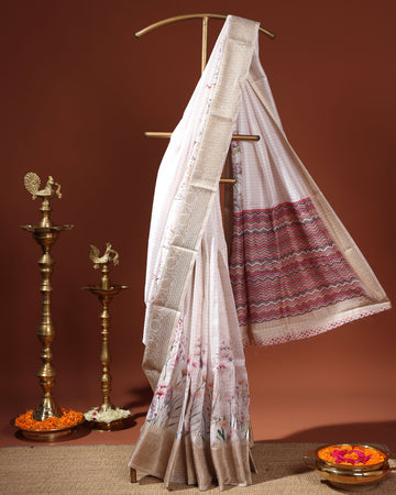 Floral Pattern Dola Silk Saree With Woven Border - White