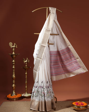 Floral Pattern Dola Silk Saree With Woven Border - White