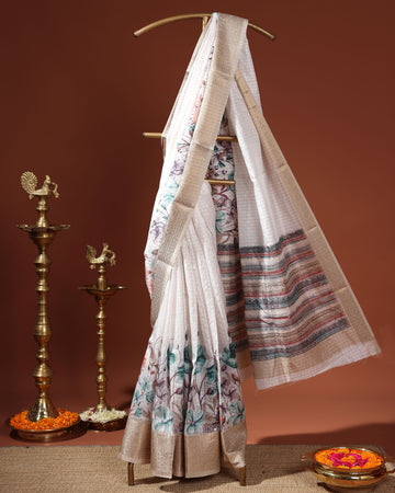 Floral Pattern Dola Silk Saree With Woven Border - White