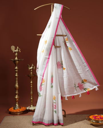 Traditional Kerala Cotton Saree with Contrasting Border and Handpainted Floral Design - White
