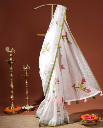 Traditional Kerala Cotton Saree with Contrasting Border and Handpainted Floral Design - White