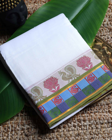 Men’s Cotton Dhoti with Multi Zari Border - White