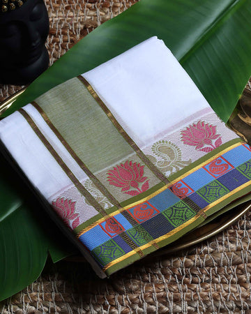 Men’s Cotton Dhoti with Multi Zari Border - White