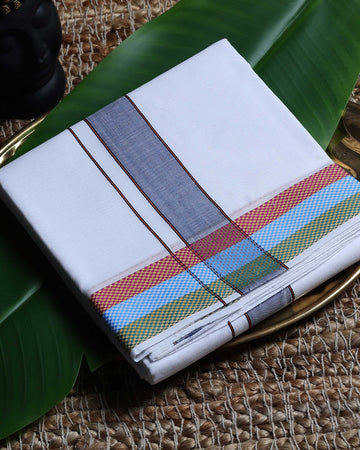 Men’s Cotton Dhoti with Multi Zari Border - White