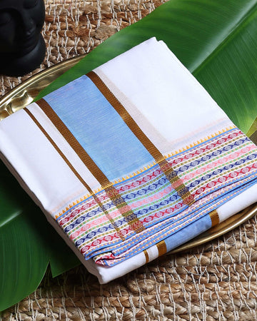 Men’s Cotton Dhoti with Multi Zari Border - White