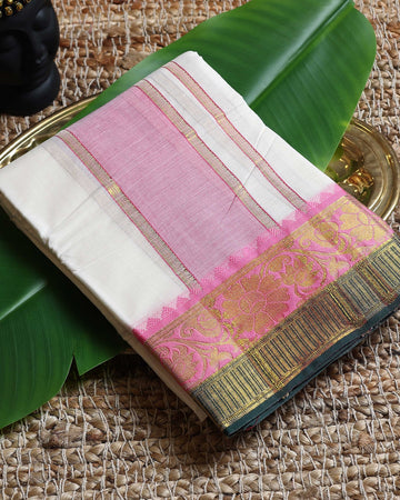 Men’s Cotton Dhoti with Multi Zari Border - White