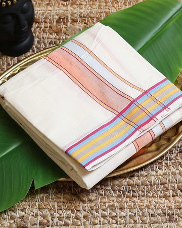 Men’s Cotton Dhoti with Multi Zari Border - White
