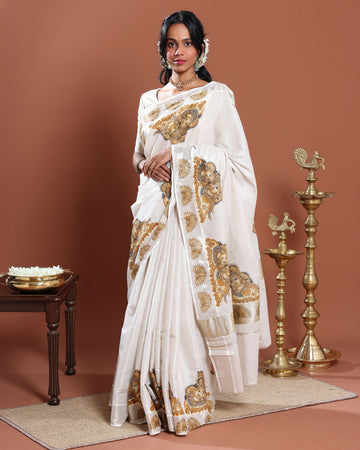 Kasavu Kerala Saree with Traditional Mural Art Motifs and Intricate Zari Border - Cream