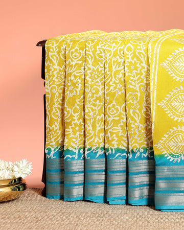 Classic Dola Silk Saree with Ethnic Bandhani-Inspired Motifs and Contrast Zari Border - Yellow