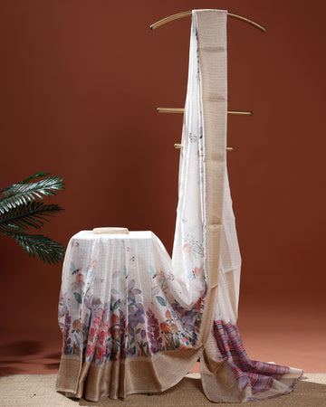 Floral Pattern Dola Silk Saree With Woven Border - White