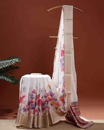 Floral Pattern Dola Silk Saree With Woven Border - White