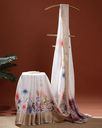 Floral Pattern Dola Silk Saree With Woven Border - White