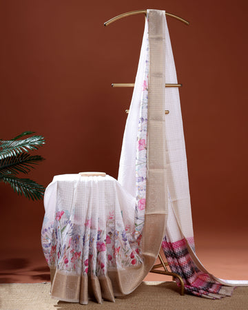 Floral Pattern Dola Silk Saree With Woven Border - White