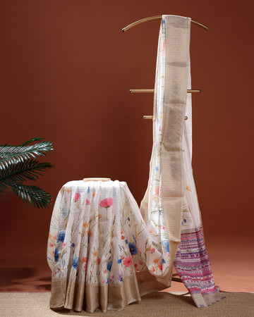 Floral Pattern Dola Silk Saree With Woven Border - White