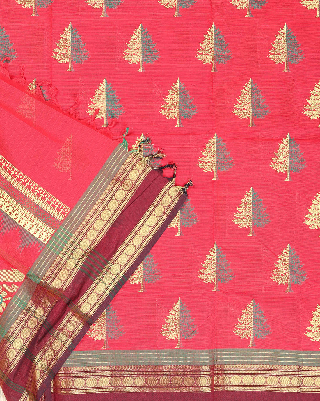 Handloom Cotton Saree with Zari Border & Tree Motifs - Red