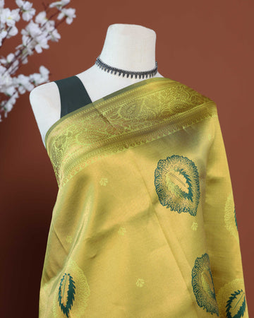 Traditional Litchi Silk Saree with Intricate Zari Border and Bold Floral Woven Motifs - Green