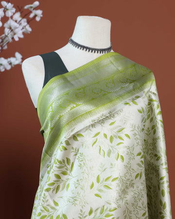 Elegant Floral Woven Design Litchi Silk Saree with Rich Pallu and Subtle Sheen Finish - Green