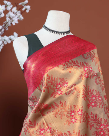 Exquisite Litchi Silk Saree with Contrast Broad Zari Border and All-Over Floral Brocade Weaving - Sandal