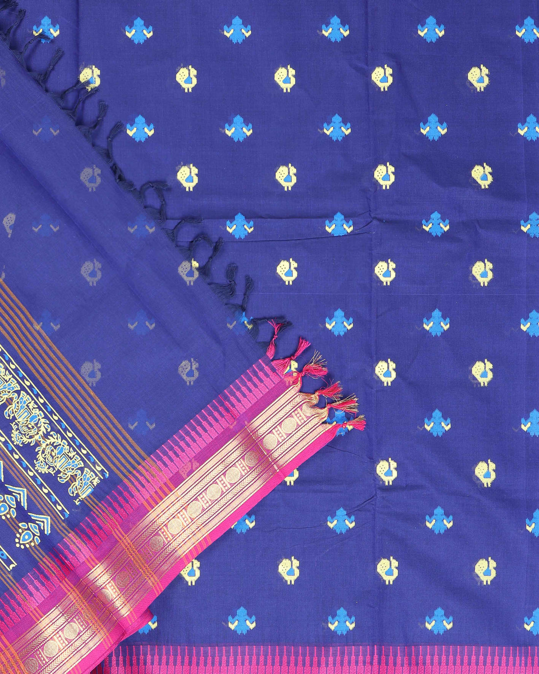 Handloom Cotton Saree with Butta Design and Contrast Zari Border - Blue