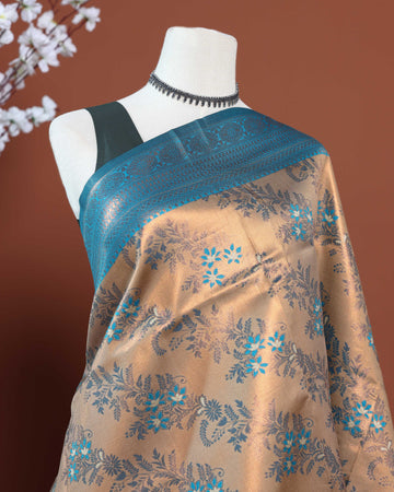 Classic Litchi Silk Saree with Bold Contrast Zari Border and Floral Brocade Detailing - Sandal