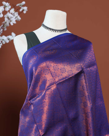 Exquisite Litchi Silk Saree with Traditional Zari Woven Motifs and Rich Pallu Design - Navy Blue