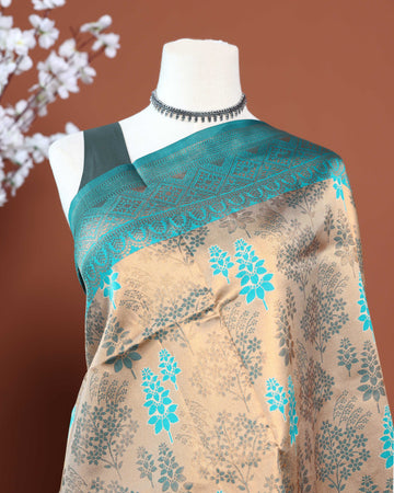 Exquisite Litchi Silk Saree with Intricate Zari Woven Floral Motifs and Rich Pallu - Sandal