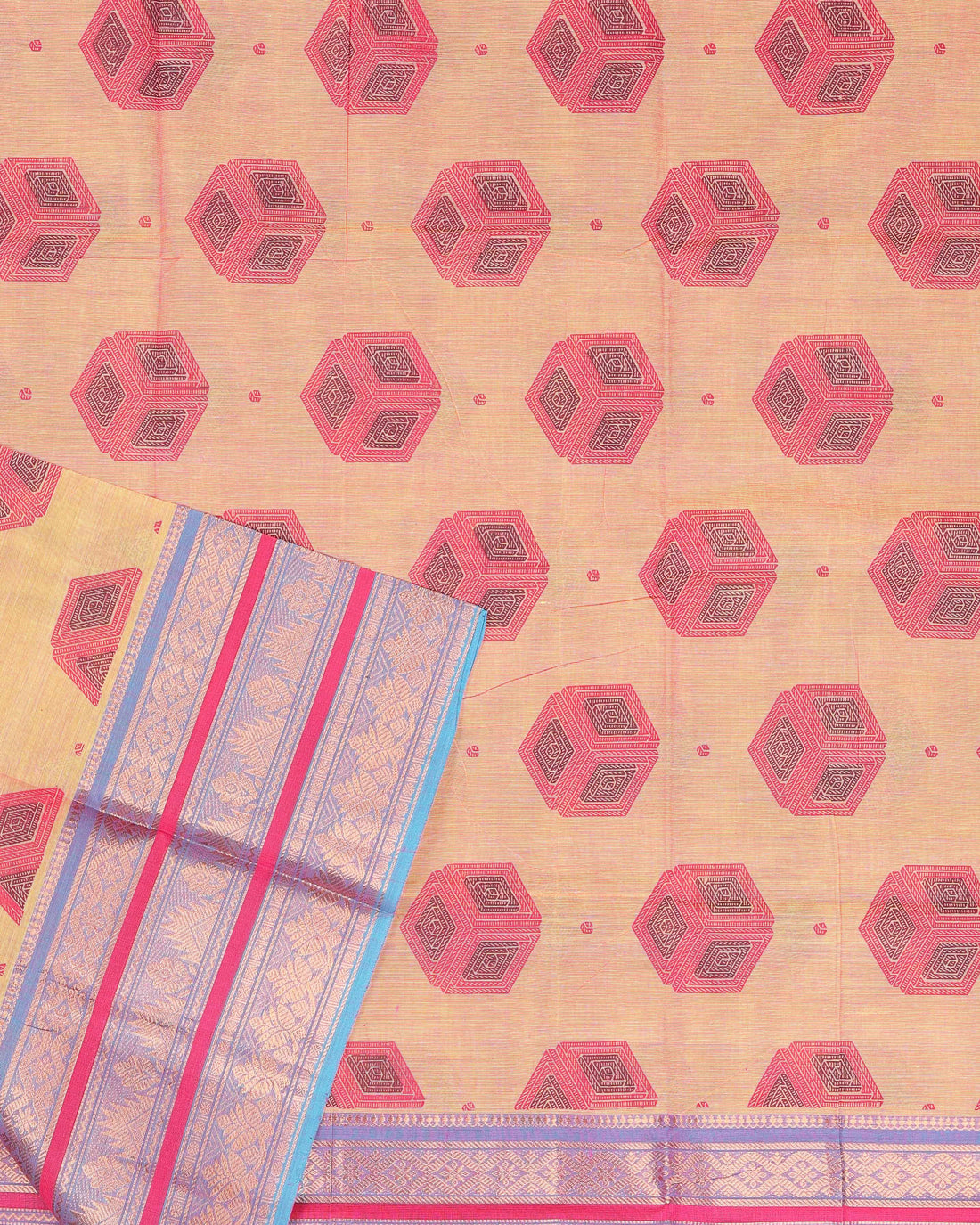 Handloom Cotton Saree with Geometric and Striped Weave - Orange