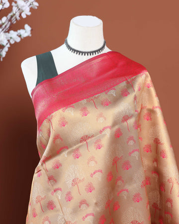 Exquisite Litchi Silk Saree with Intricate Woven Motifs - Sandal
