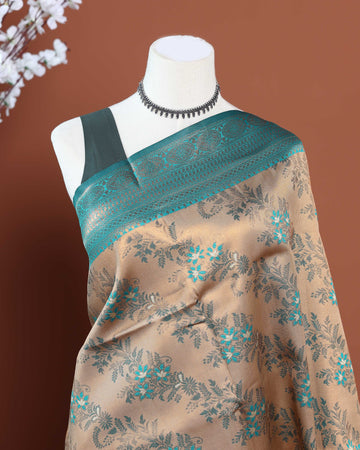 Exquisite Zari Woven Floral Motif Silk Saree with Intricate Border Design - Sandal