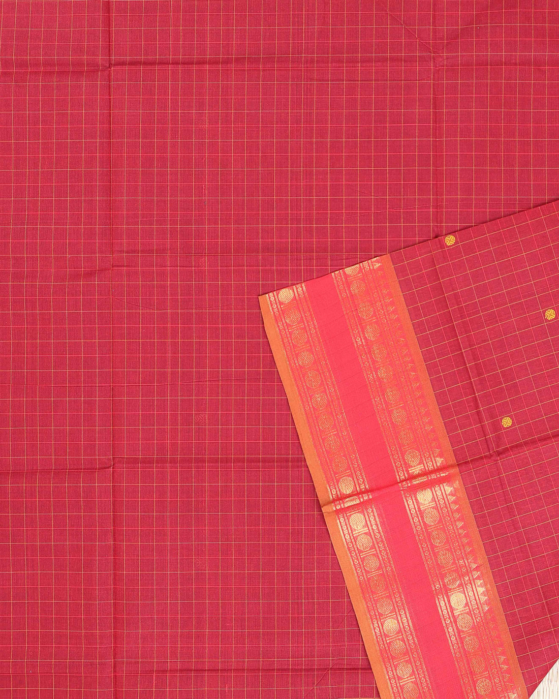 Handloom Cotton Saree with Checked Weave and Zari Border - Red